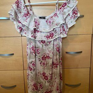 Rose print dress with ruffle top and spaghetti straps